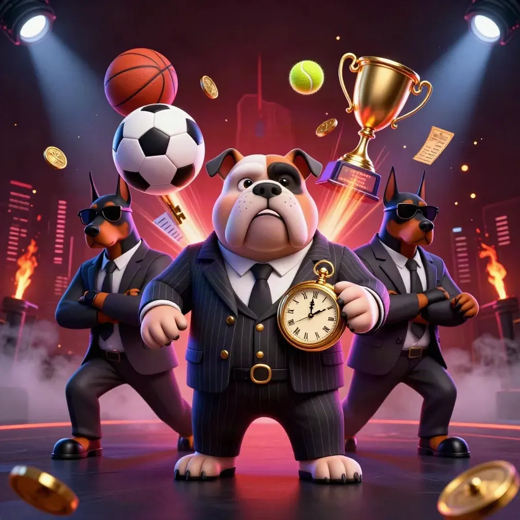 Bulldog im Anzug, zwei Dobermänner, fliegender Fußball, Goldmünzen und Stadionlicht im Casino-Stil