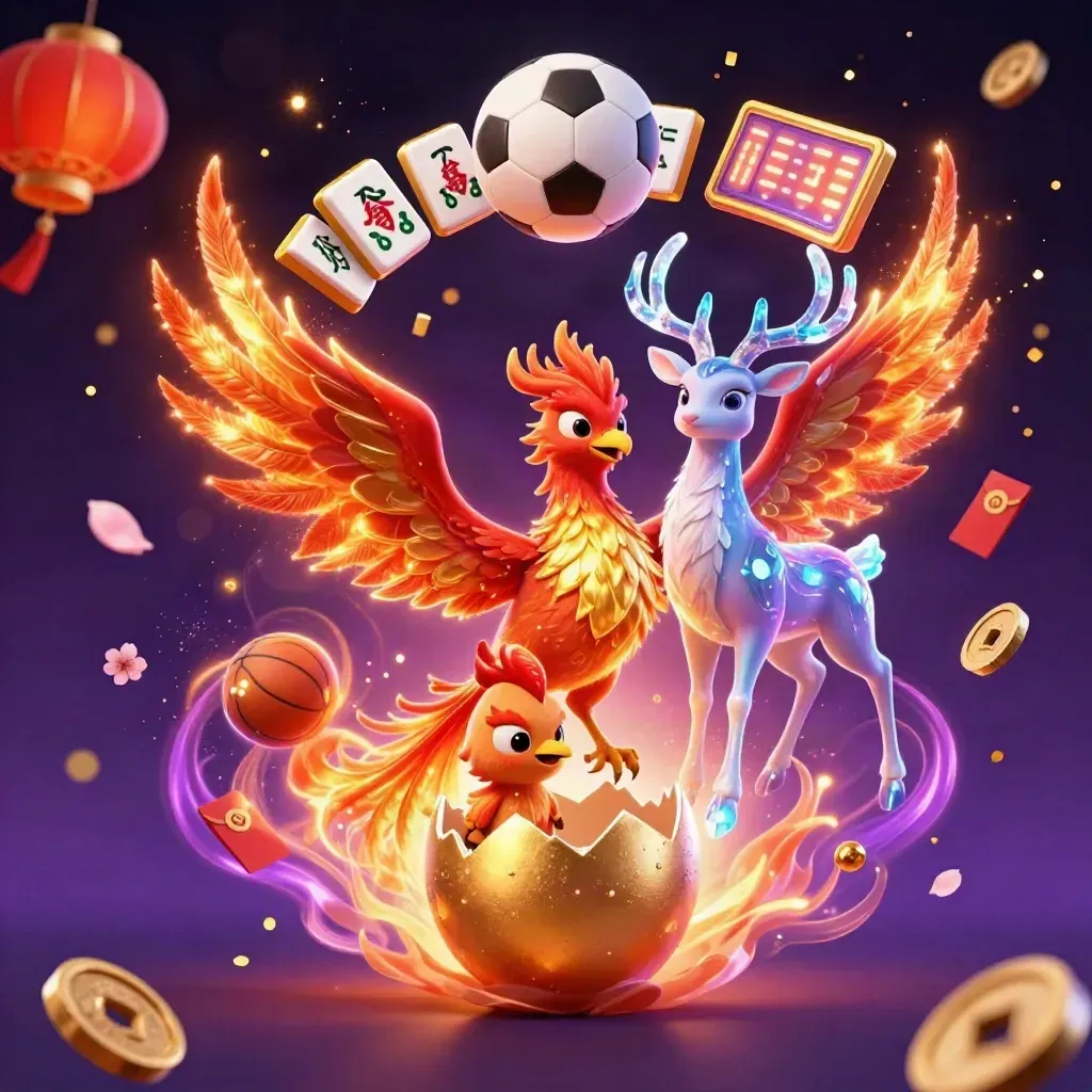 Leuchtender Phönix, Hirsch und Phoenixei in einer Casino-Fantasy mit Sportbällen und Goldglanz.