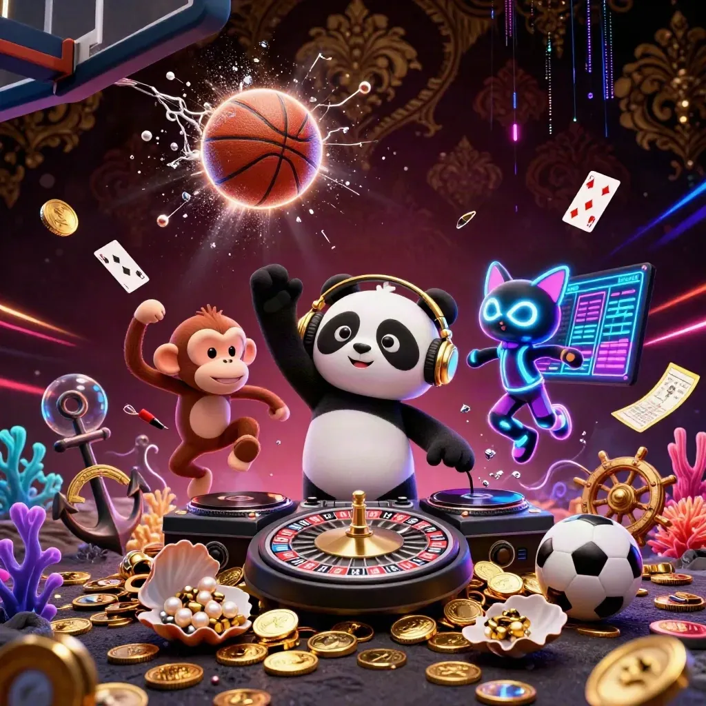 Panda-DJ, tanzender Affe und Katzen-Raver um einen schwebenden Basketball mit Goldmünzen.