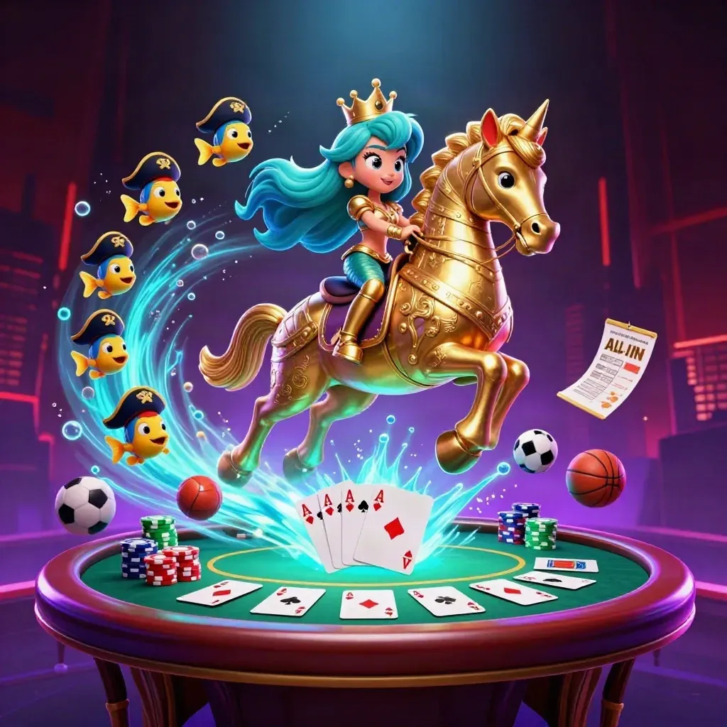 Meerjungfrauenprinzessin auf Seepferd, Pokerchips, Fische und Neonlicht im Casino-Stil