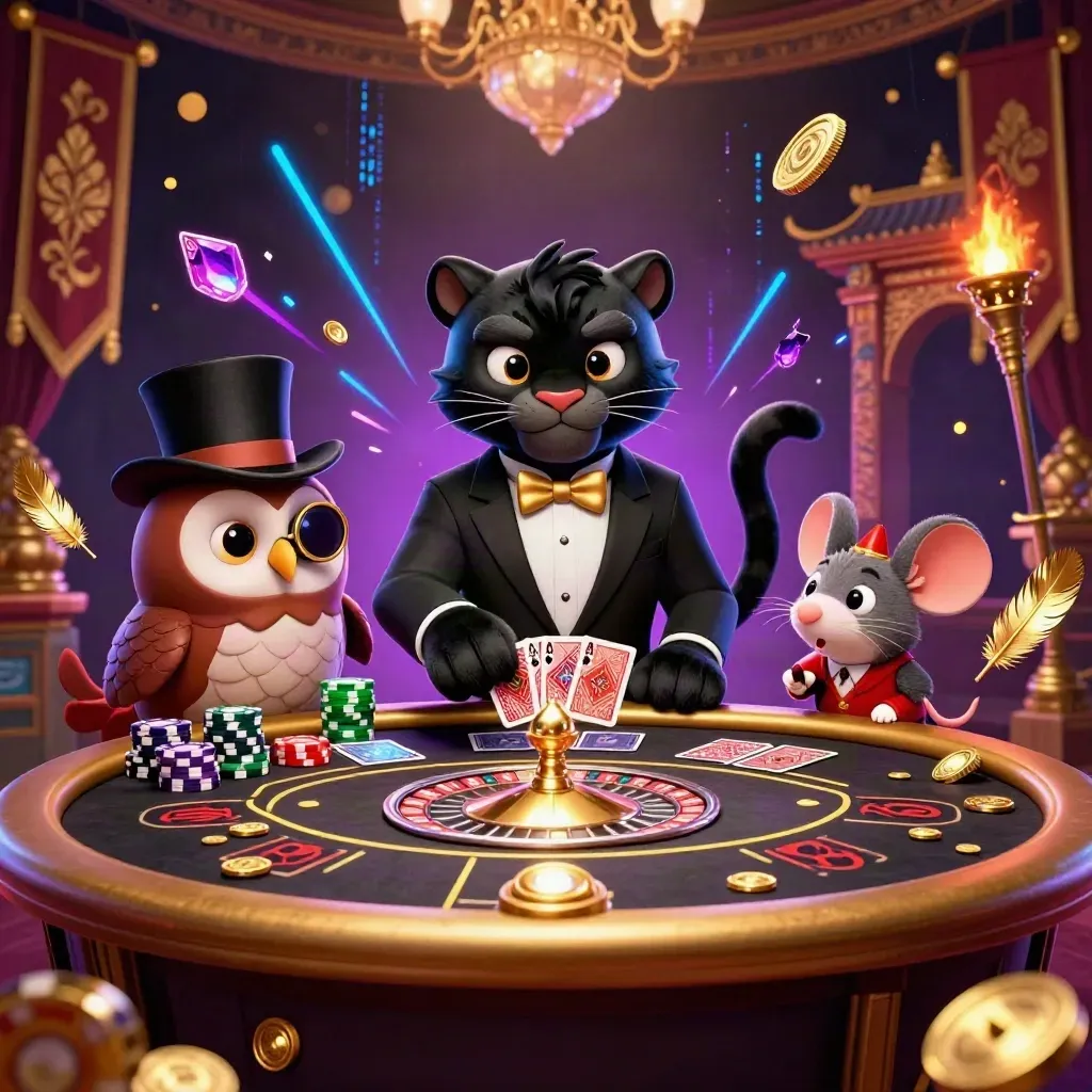 Panther, Eule und Maus am goldenen Casinotisch mit Roulette, Lichtern und Damast-Hintergrund