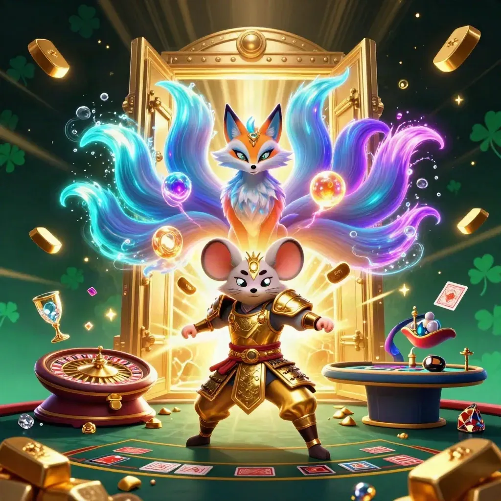 Neon-Fuchs mit Samurai-Maus vor Goldtresor, Edelsteinen und Rouletteglanz