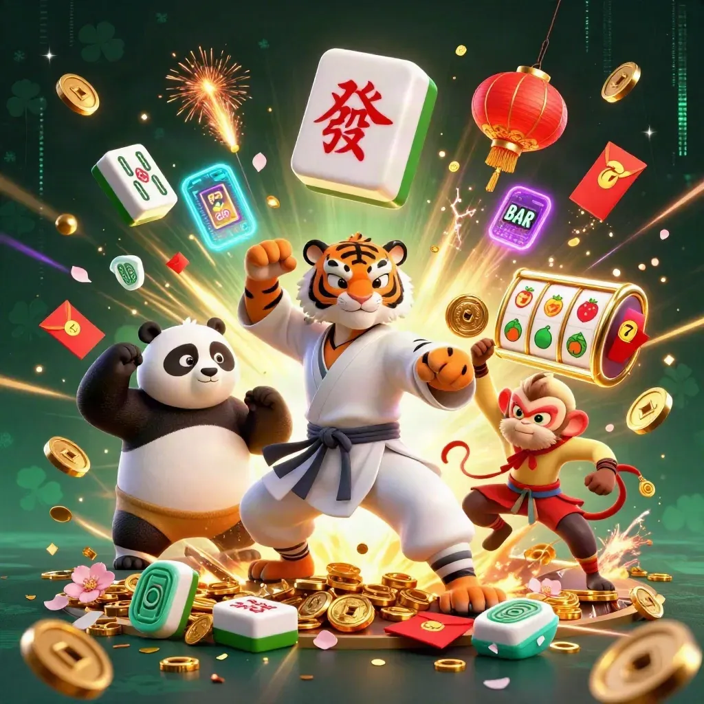 Kung-Fu-Tiger, Panda und Affe feiern Goldmünzen, Slots und Feuerwerk im dunklen Casino-Look.
