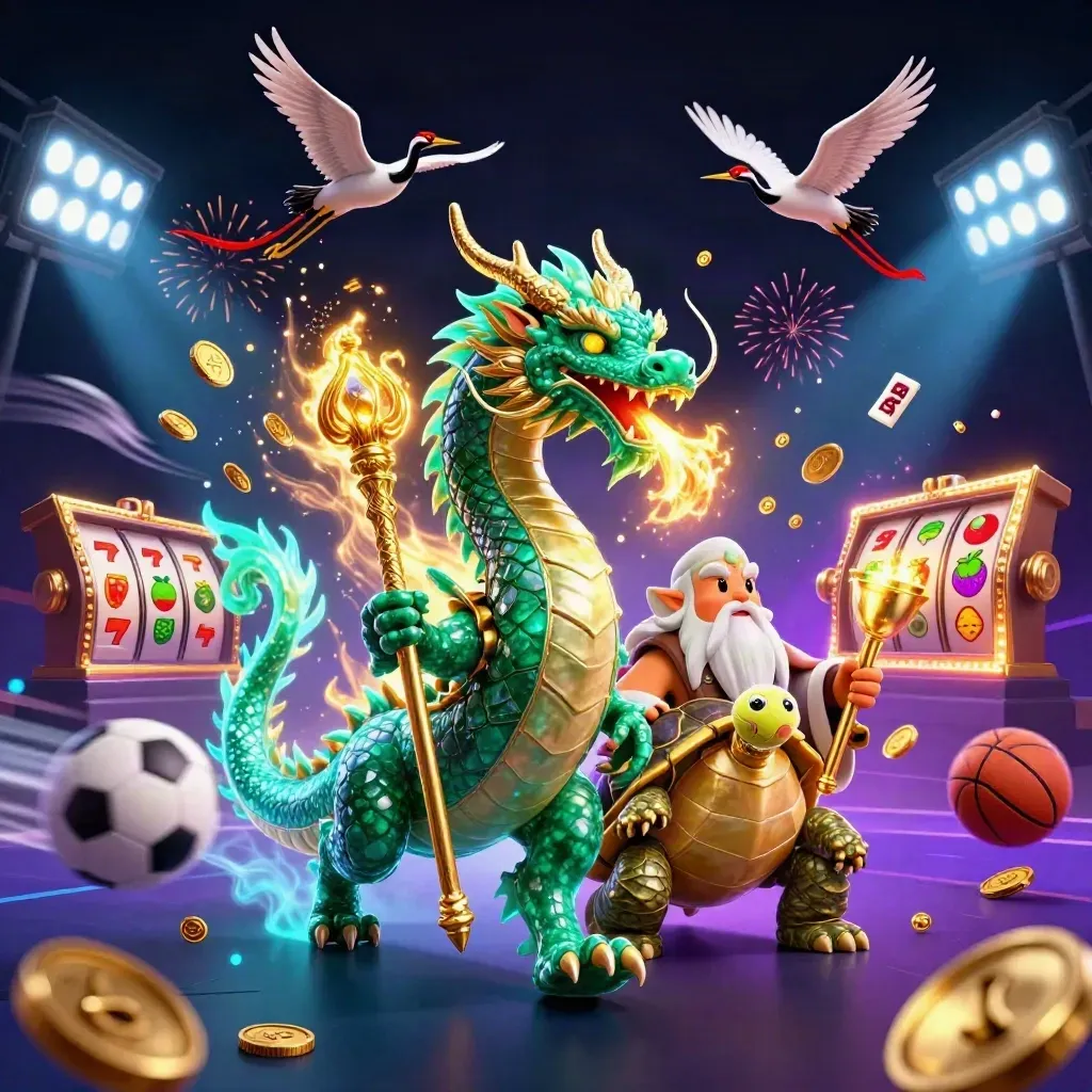 Jade-Drache, Schildkröte und Kraniche vor Goldregen, Coins und Slots im Neonlicht