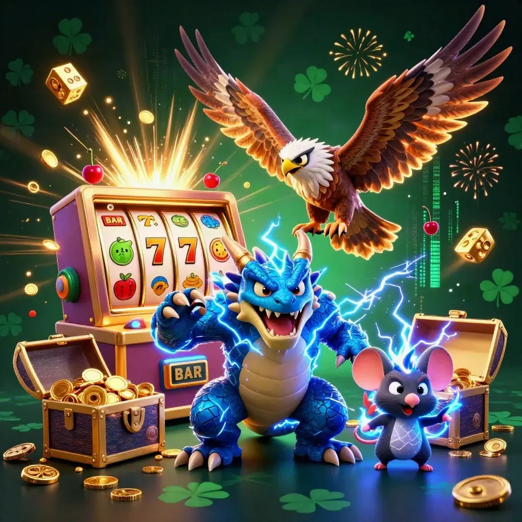 Thunderdrache, Windfalke und Blitzmaus vor explodierendem Jackpotautomat mit Gold und Blitzen