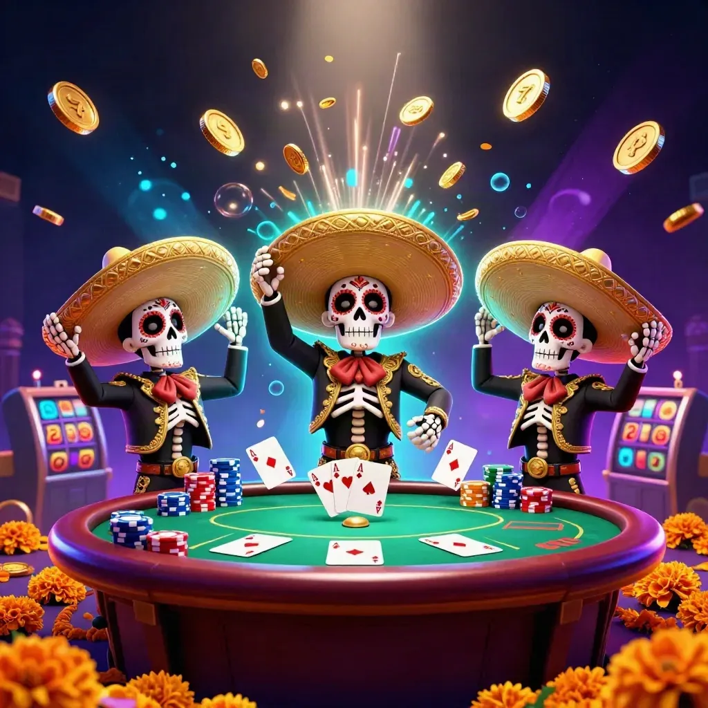 Drei Mariachi-Skelettfiguren feiern vor Pokerchips, Slotwalzen und explodierenden Goldmünzen.