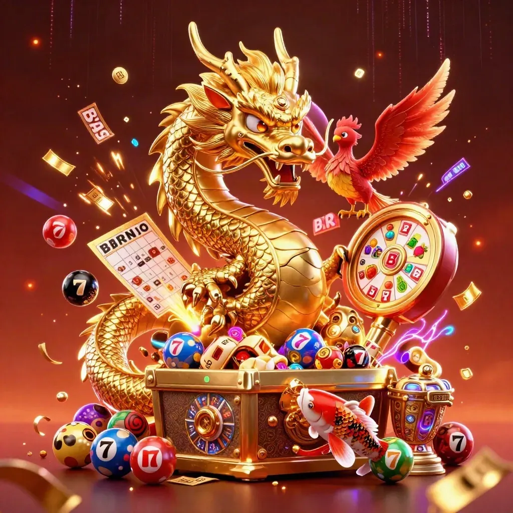 Goldener Drache mit Schatztruhe, Phönix, Koi und Casino-Lichteffekten.