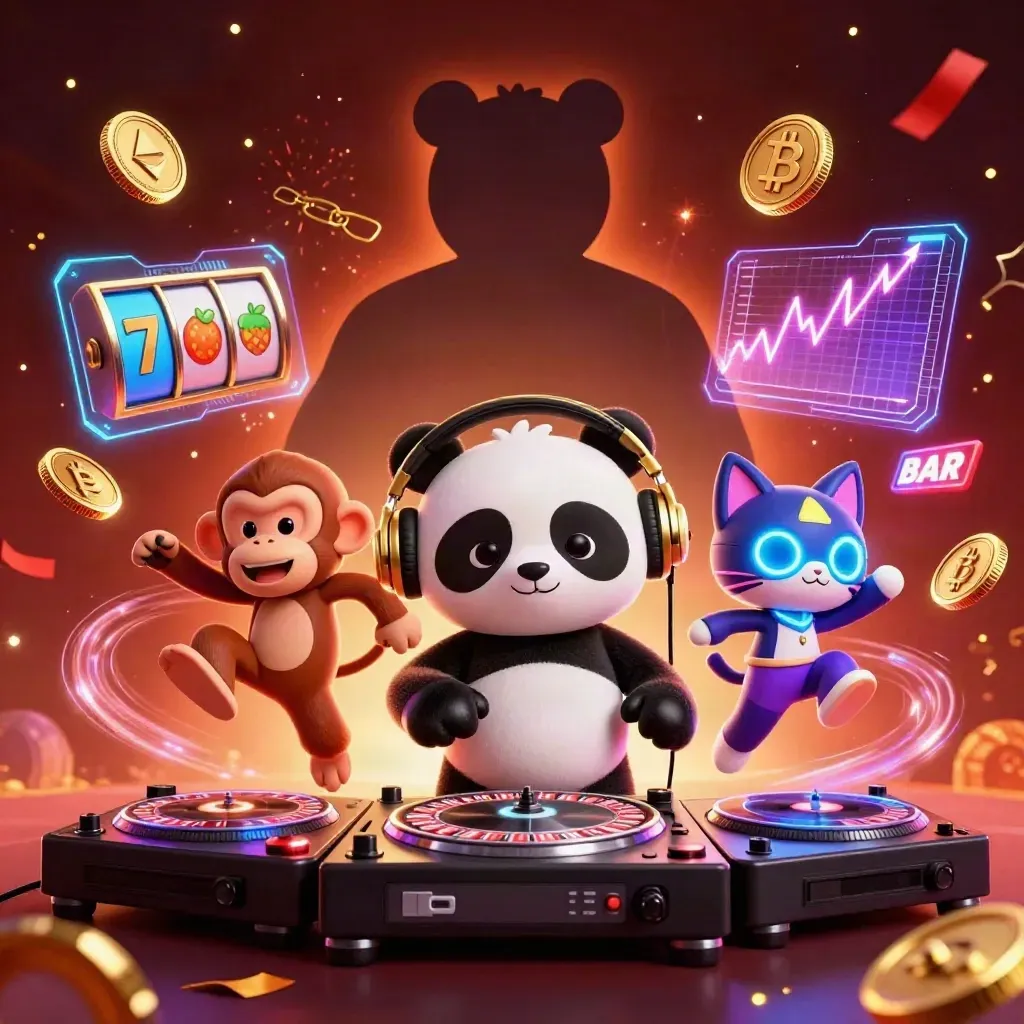 DJ-Panda, tanzender Affe und Glow-Kitten vor Jackpot-Glanz und Casino-Feuerwerk